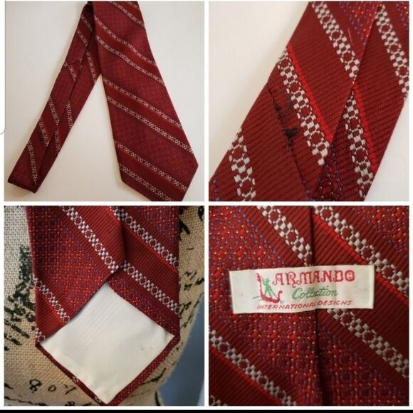 Vintage 60s 70s Red White Diagonal Pattern Tie - Picture 2 of 4